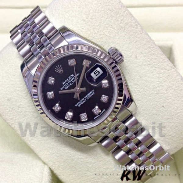 Rolex Datejust 179174 Black Diamond Dial Fluted Bezel 26MM Lady Replica Watch