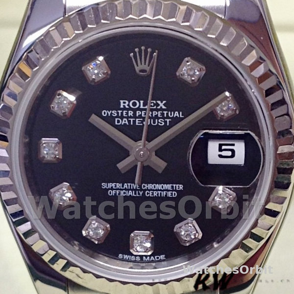 Rolex Datejust 179174 Black Diamond Dial Fluted Bezel 26MM Lady Replica Watch