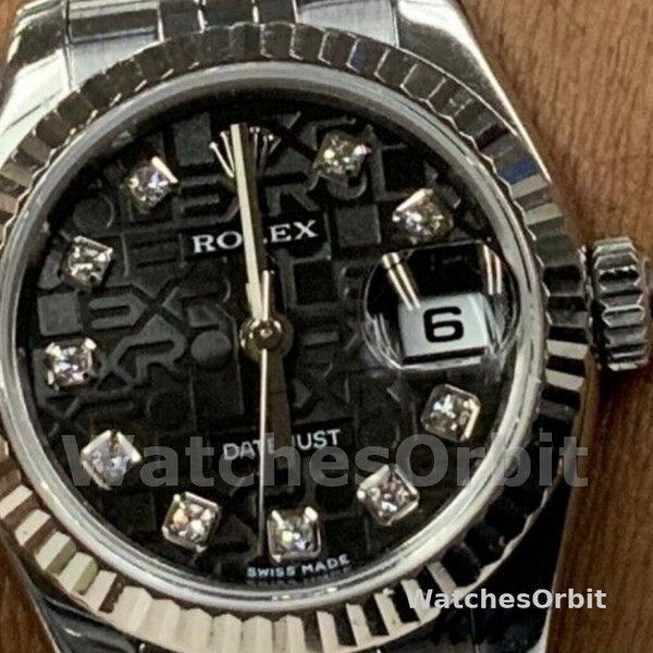 Rolex Datejust 179174 Jubilee Black Diamond Dial Fluted Bezel 26MM Lady Replica Watch