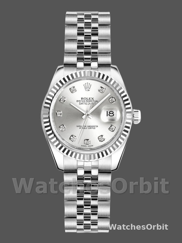 Rolex Datejust 179174 Silver Diamond Dial Fluted Bezel 26MM Lady Replica Watch