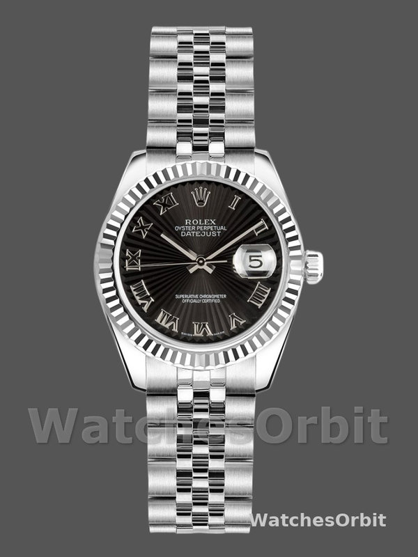 Rolex Datejust 179174 Sunbeam Black Roman Dial Fluted Bezel 26MM Lady Replica Watch