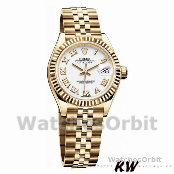 Rolex Datejust 279178 White Roman Dial Yellow Gold 28mm Lady Replica Watch