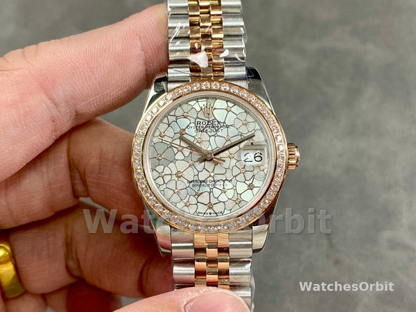 Rolex Datejust 31 Rose Gold Silver Floral Motif Diamond Dial Diamond Bezel m278381rbr 0032