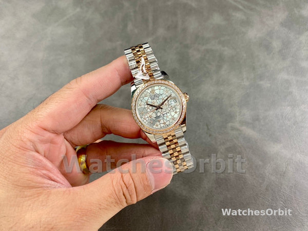 Rolex Datejust 31 Rose Gold Silver Floral Motif Diamond Dial Diamond Bezel m278381rbr 0032