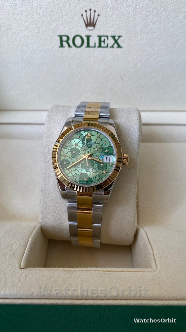 Rolex Datejust 31 Yellow Gold Olive Green Floral Motif Diamond Dial m278273 0031