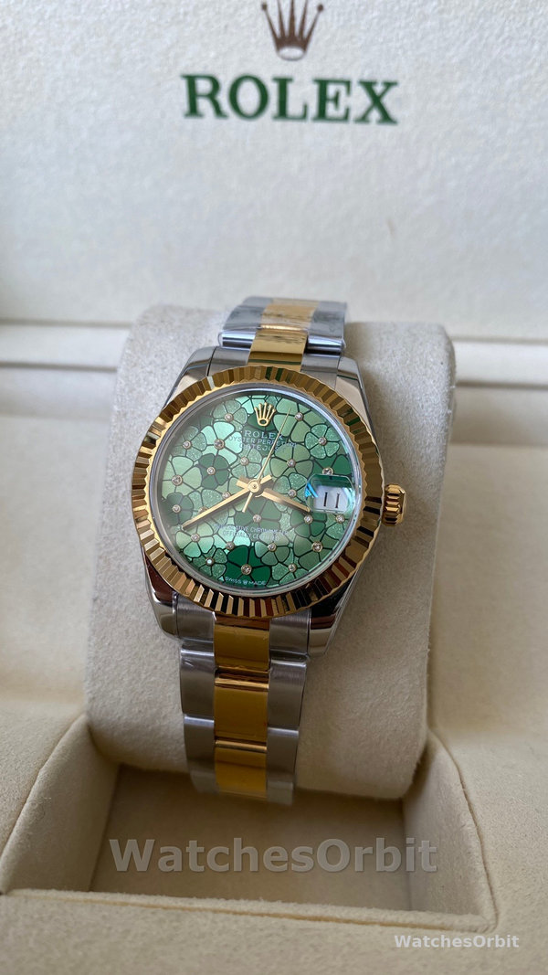 Rolex Datejust 31 Yellow Gold Olive Green Floral Motif Diamond Dial m278273 0031