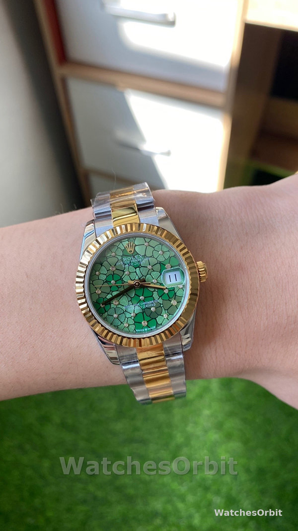 Rolex Datejust 31 Yellow Gold Olive Green Floral Motif Diamond Dial m278273 0031