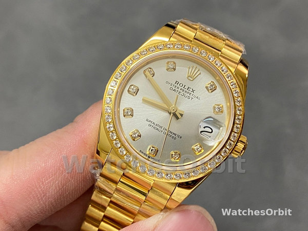 Rolex Datejust 31 Yellow Gold Silver Diamond Dial Diamond Bezel M278288RBR 0028 Women's Watch
