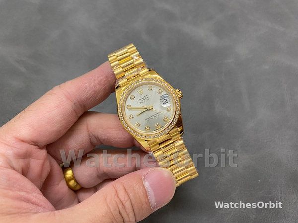 Rolex Datejust 31 Yellow Gold Silver Diamond Dial Diamond Bezel M278288RBR 0028 Women's Watch