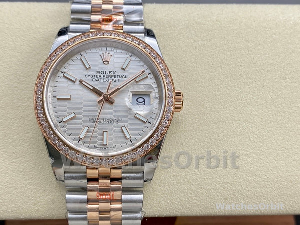 Rolex Datejust 36 Steel & Everose Gold Silver Fluted-Motif Dial Diamond Bezel M126281RBR 0021 Women's Watch