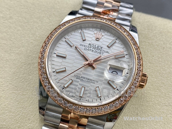Rolex Datejust 36 Steel & Everose Gold Silver Fluted-Motif Dial Diamond Bezel M126281RBR 0021 Women's Watch