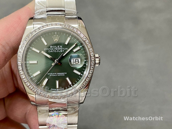 Rolex Datejust 36 White Gold & Diamonds Mint Green Dial M126284RBR 0044 Women's Watch