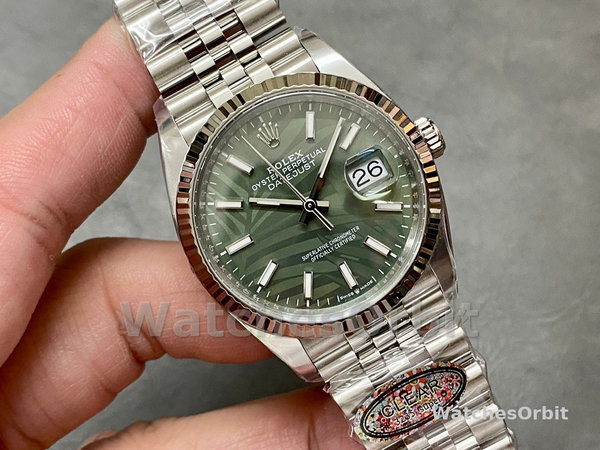 Rolex Datejust 36mm Fluted Bezel Green Palm Index Dial Jubilee 126234 0047