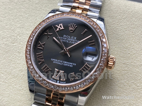 Rolex Datejust Lady 31 Rose Gold Steel Slate Roman Diamond VI Dial & Diamond Bezel Jubilee Bracelet 278381RBR