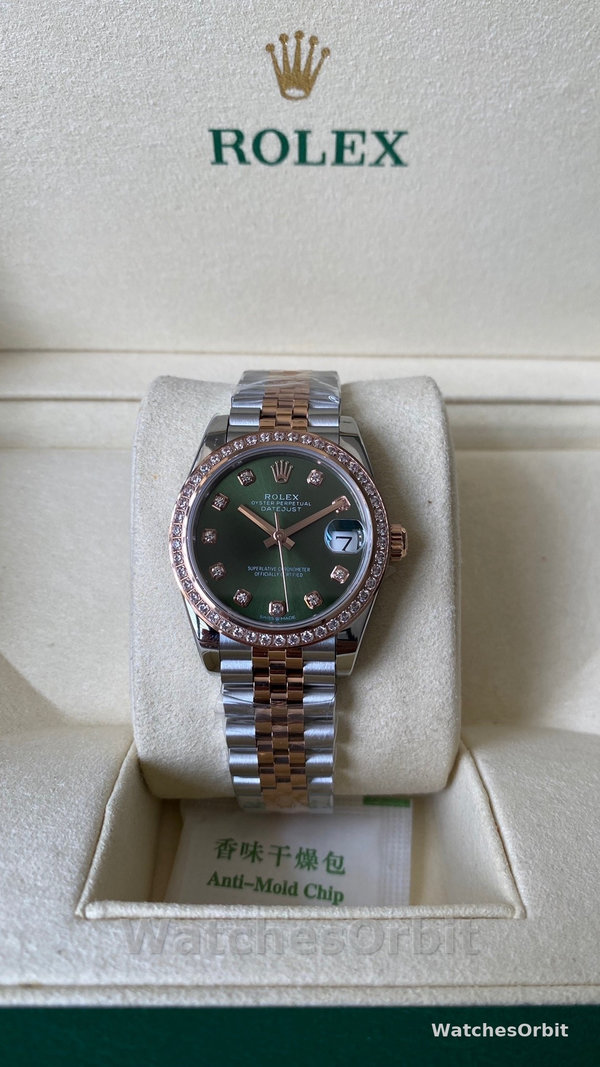Rolex Datejust Olive Green Diamond Steel & Rose Gold 279381RBR 0007 Lady Watch