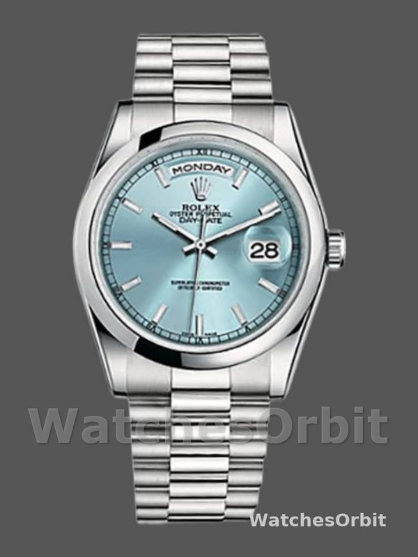Rolex Day-Date 118206 Ice Blue Dial Polished Platinum Bezel 36mm Unisex Replica Watch