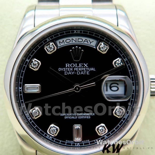 Rolex Day Date 118206 Platinum Black Diamond Dial 36mm Unisex Replica Watch