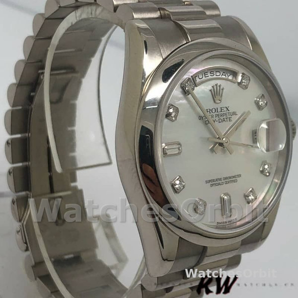 Rolex Day-Date 118206 Platinum White Mother of Pearl Diamond Dial 36mm Unisex Replica Watch