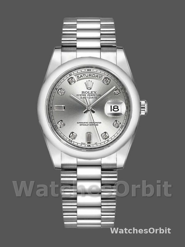 Rolex Day-Date 118206 Silver Diamond Dial Platinum 36mm Unisex Replica Watch