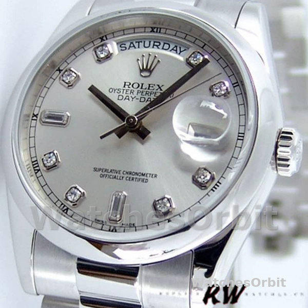 Rolex Day-Date 118206 Silver Diamond Dial Platinum 36mm Unisex Replica Watch