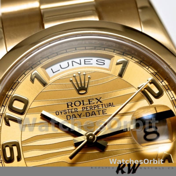 Rolex Day-Date 118208 Arabic Numeral Wave Champagne Dial 36mm Unisex Replica Watch