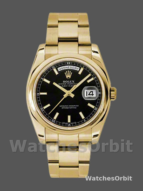 Rolex Day-Date 118208 Black Arab Dial Yellow Gold 36mm Unisex Replica Watch