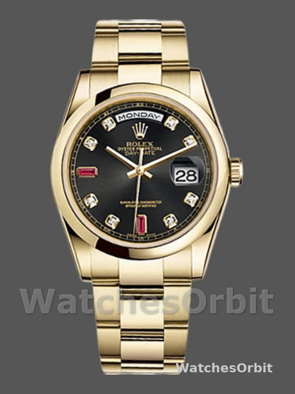 Rolex Day-Date 118208 Black Diamond Dial Yellow Gold case 36mm Unisex Replica Watch
