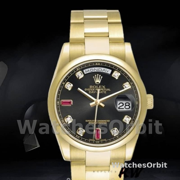 Rolex Day-Date 118208 Black Diamond Dial Yellow Gold case 36mm Unisex Replica Watch