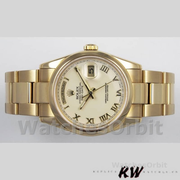 Rolex Day-Date 118208 Roman Numeral Pyramid Ivory Dial 36mm Unisex Replica Watch