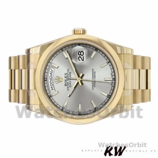Rolex Day-Date 118208 Silver Dial Domed Bezel 36mm Unisex Replica Watch