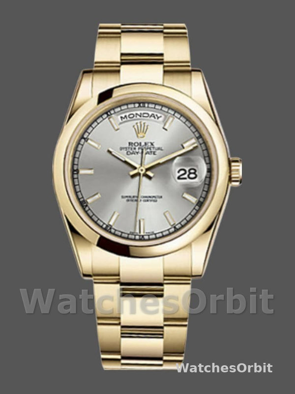 Rolex Day-Date 118208 Silver Dial Yellow Gold 36mm Unisex Replica Watch