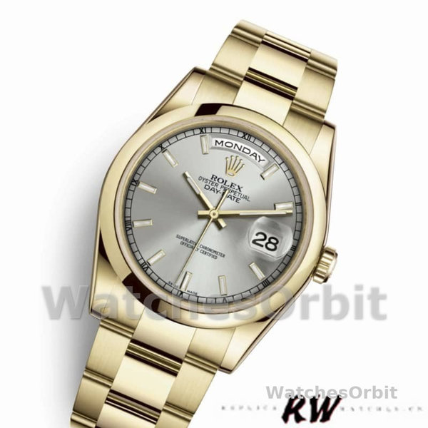 Rolex Day-Date 118208 Silver Dial Yellow Gold 36mm Unisex Replica Watch