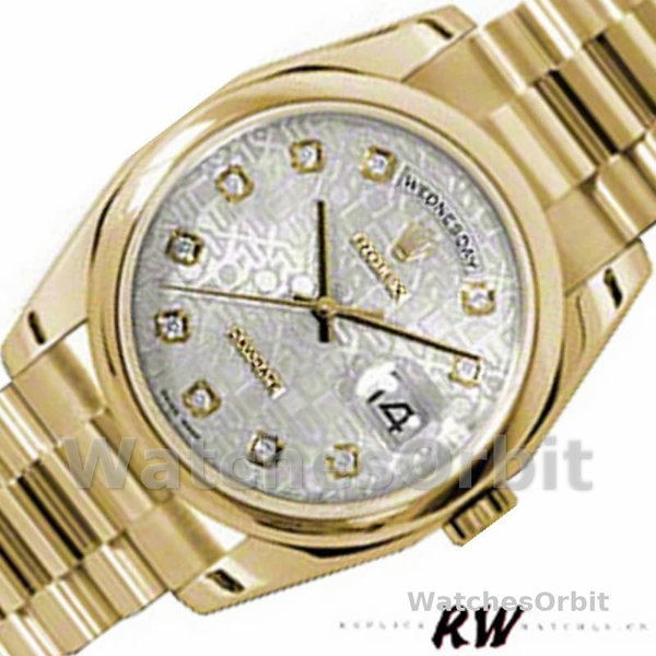 Rolex Day-Date 118208 Silver Diamond Jubilee Dial Yellow Gold 36mm Unisex Replica Watch