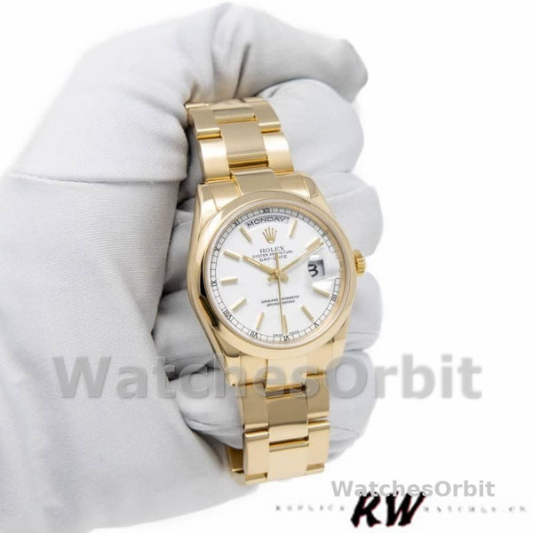 Rolex Day-Date 118208 White Dial Yellow Gold 36mm Unisex Replica Watch