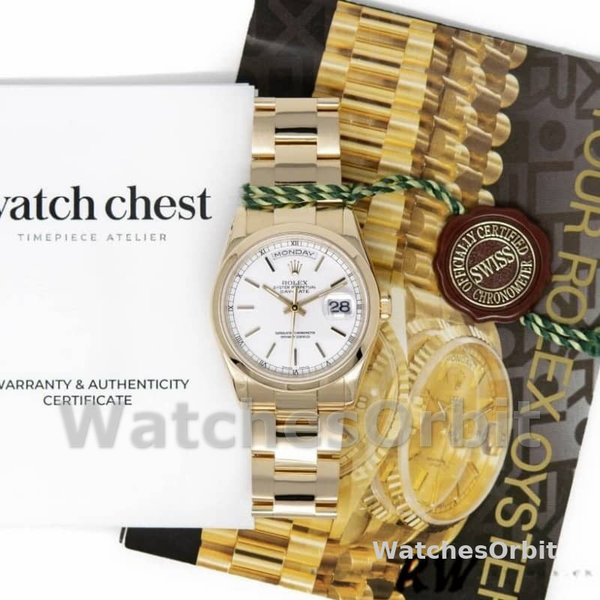 Rolex Day-Date 118208 White Dial Yellow Gold 36mm Unisex Replica Watch