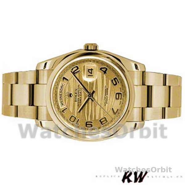 Rolex Day-Date 118208 Yellow Gold Arabic Numeral Wave Champagne Dial 36mm Unisex Replica Watch