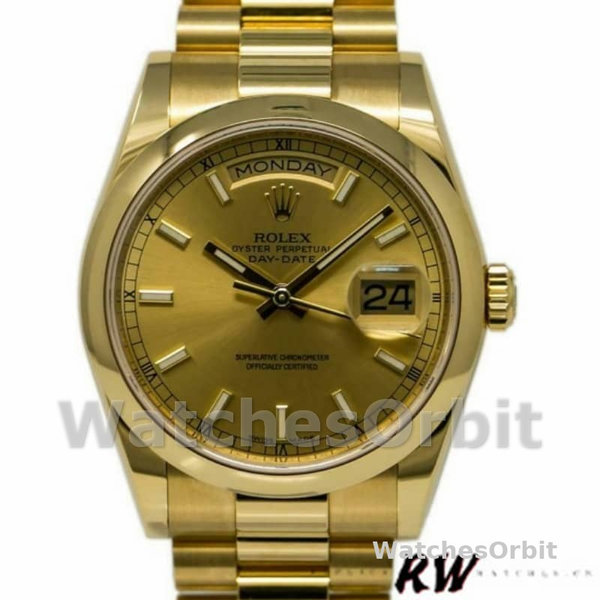 Rolex Day-Date 118208 Yellow Gold Champagne Dial 36mm Unisex Replica Watch