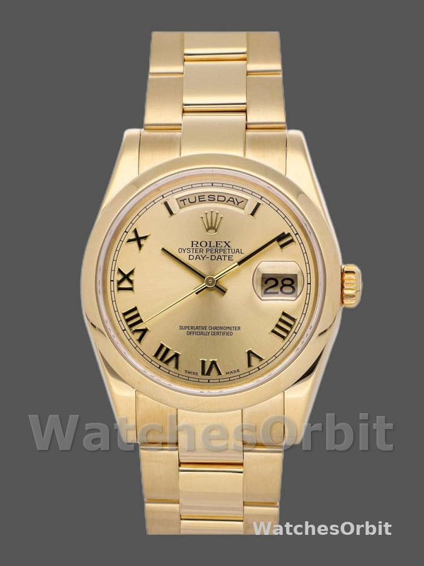 Rolex Day-Date 118208 Yellow Gold Champagne Dial Roman Numerals 36mm Unisex Replica Watch