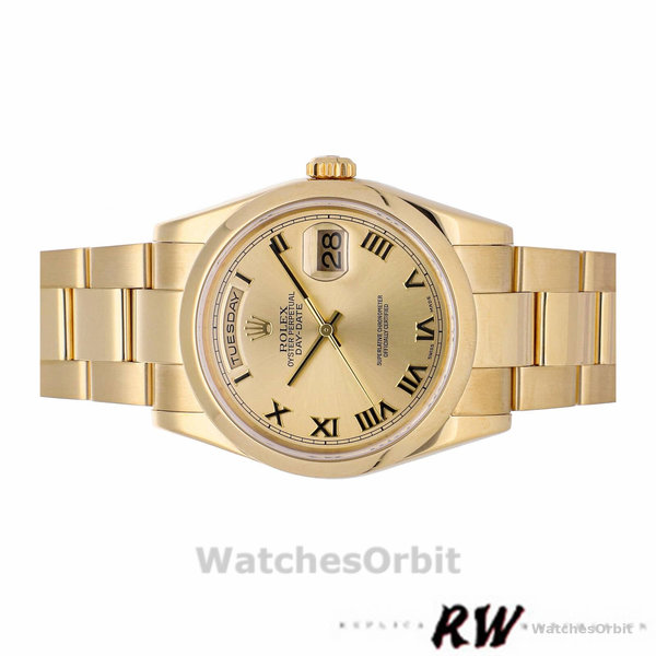Rolex Day-Date 118208 Yellow Gold Champagne Dial Roman Numerals 36mm Unisex Replica Watch