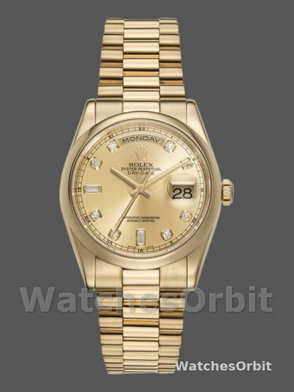 Rolex Day-Date 118208 Yellow Gold Champagne Diamond Dial 36mm Unisex Replica Watch
