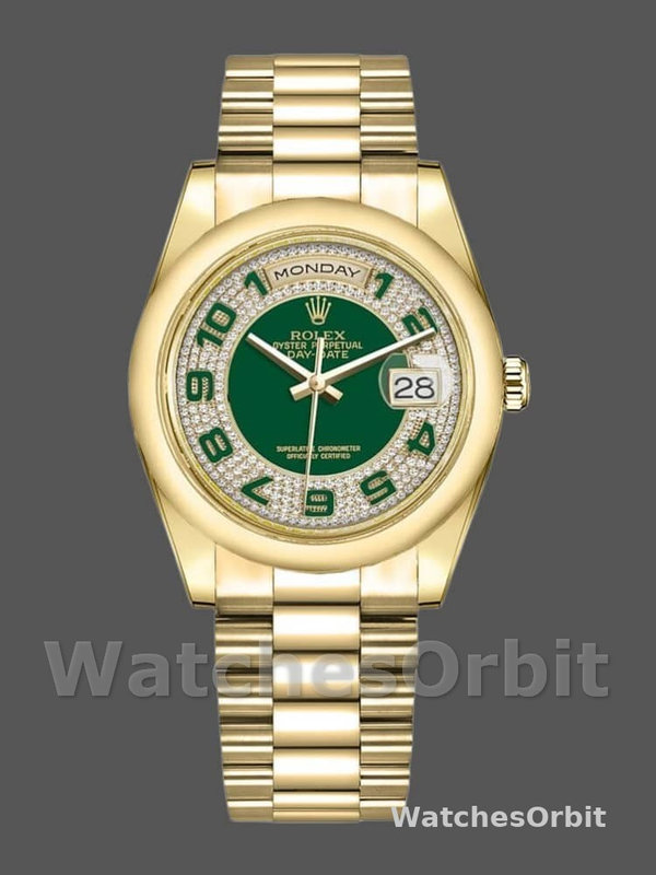 Rolex Day-Date 118208 Yellow Gold Green Diamond Paved Arabic Dial 36mm Unisex Replica Watch