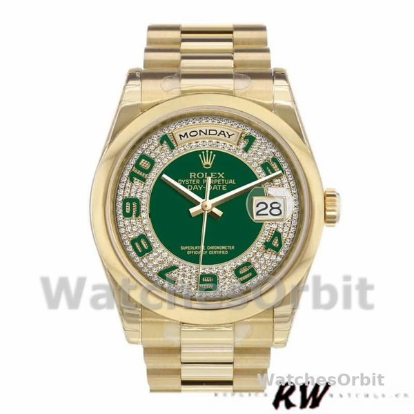 Rolex Day-Date 118208 Yellow Gold Green Diamond Paved Arabic Dial 36mm Unisex Replica Watch