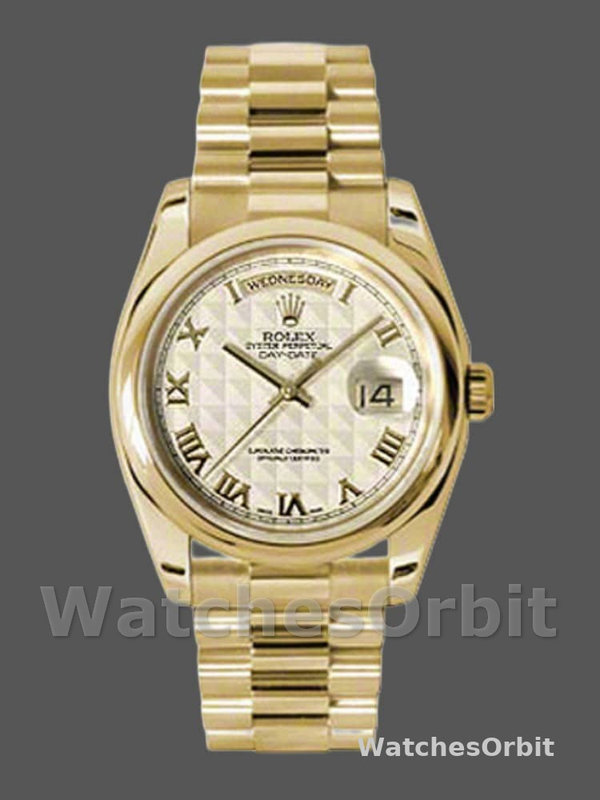 Rolex Day-Date 118208 Yellow Gold Roman Numeral Pyramid Ivory Dial 36mm Unisex Replica Watch