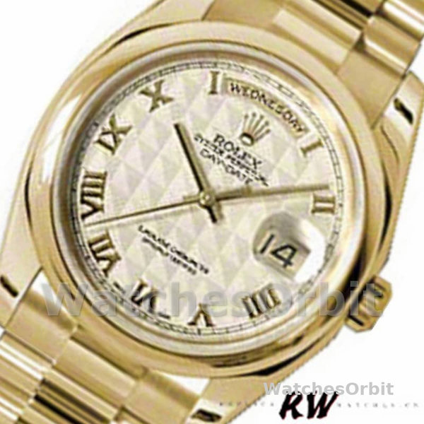 Rolex Day-Date 118208 Yellow Gold Roman Numeral Pyramid Ivory Dial 36mm Unisex Replica Watch