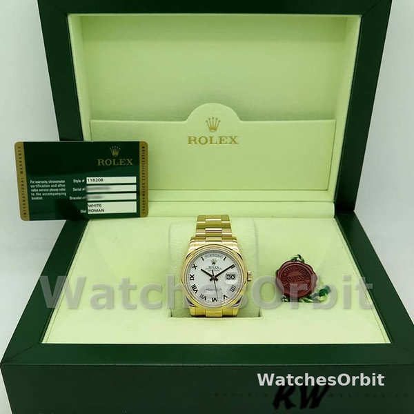 Rolex Day-Date 118208 Yellow Gold White Dial Roman Numeral 36mm Unisex Replica Watch