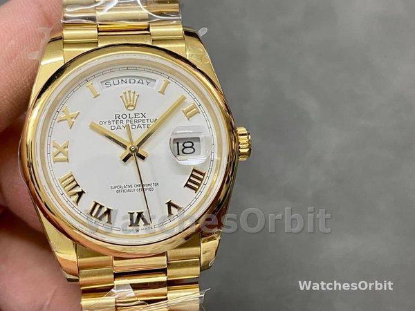Rolex Day-Date 118208 Yellow Gold White Dial Roman Numeral 36mm Unisex Replica Watch