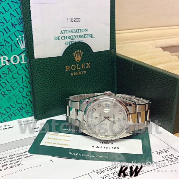 Rolex Day-Date 118209 Silver Diamond Dial Automatic 36mm Unisex Replica Watch