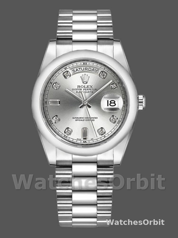 Rolex Day-Date 118209 White Gold Silver Diamond Dial Automatic 36mm Unisex Replica Watch