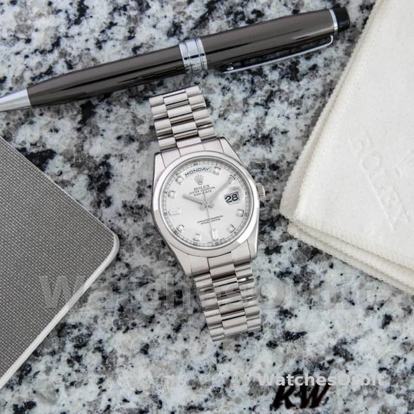 Rolex Day-Date 118209 White Gold Silver Diamond Dial Automatic 36mm Unisex Replica Watch