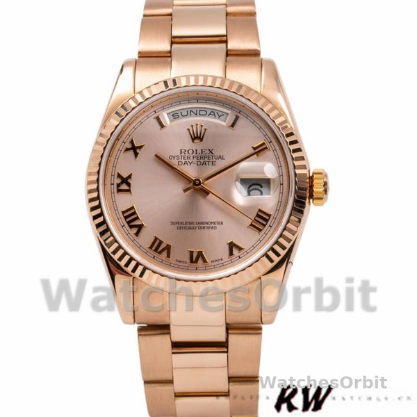 Rolex Day-Date 118235 Pink Roman Numeral dial Fluted Bezel 36mm Lady Replica Watch